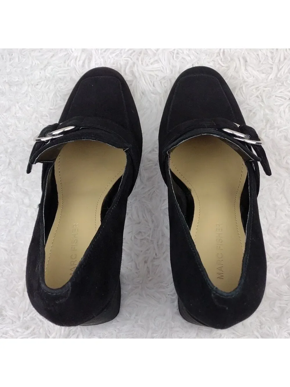 Marc Fisher Caila Black Suede Upper Round Toe Block High Heel Slip On Shoe